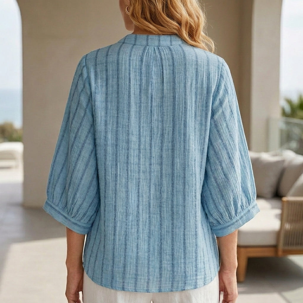 Coastal Stripe Button-Neck Relaxed Sleeve Blouse