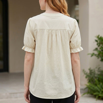 Vintage Pintuck Button-Front Puff Sleeve Blouse
