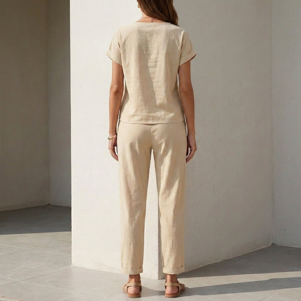Lightweight Woven Two-Piece Set with Mesh Accents and Self-Tie Waist
