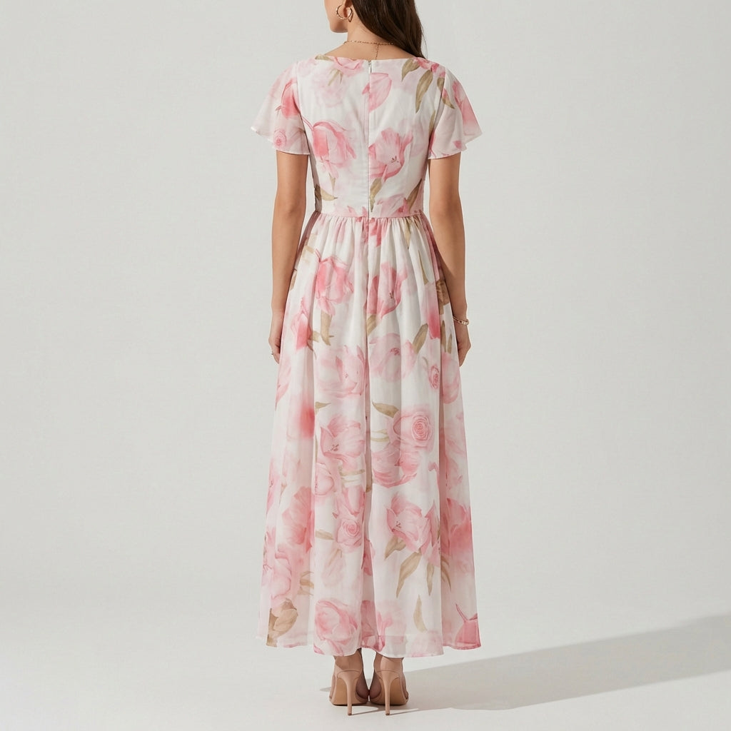 Ethereal Plunging V-Neck Flutter Sleeve Gown