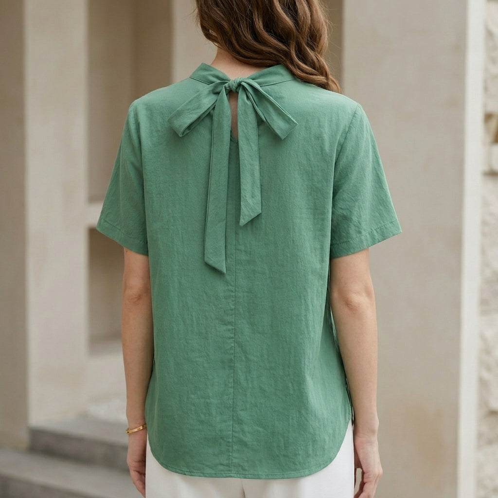 Minimalist Tie-Back Blouse with Soft Pleated Neckline