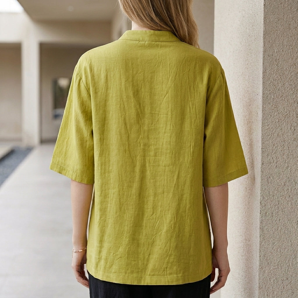 Minimalist Mandarin Collar Blouse with Elegant Knot Button Detail