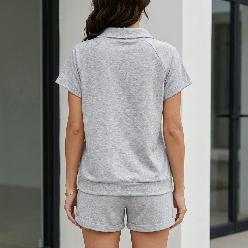 Relaxed Collared Lounge Set with Drawstring Shorts