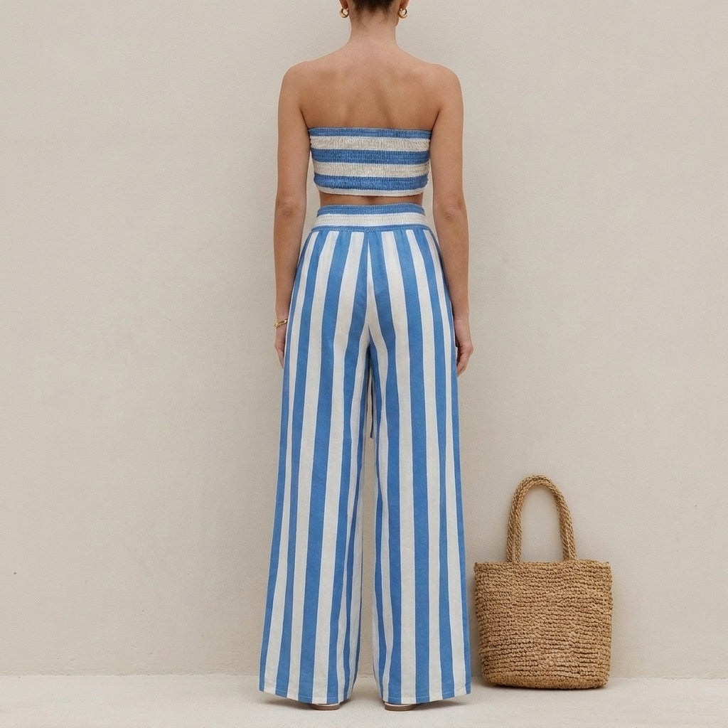 Ruched Strapless Bandeau Two-Piece Wide-Leg Pantsuit with Self-Tie Waist