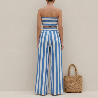 Ruched Strapless Bandeau Two-Piece Wide-Leg Pantsuit with Self-Tie Waist