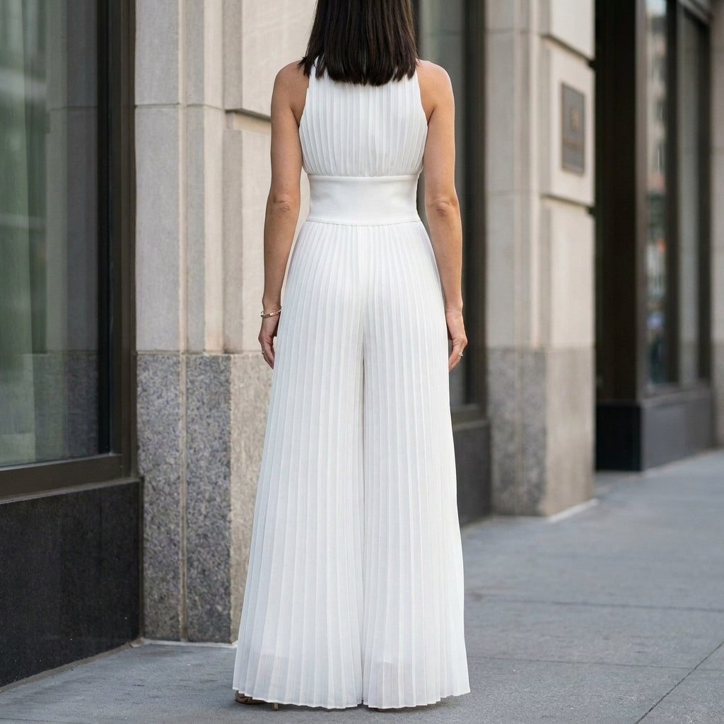 Pleated Halter Wide-Leg Jumpsuit for Effortless Evening Elegance