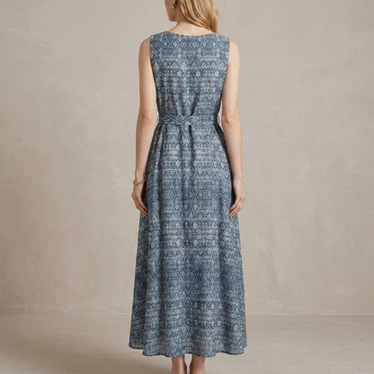Coastal Breeze Printed Sleeveless Tie-Waist Maxi Dress