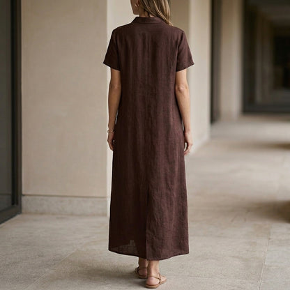 Vintage Tie Neck Midi Dress with Relaxed Short Sleeve Silhouette