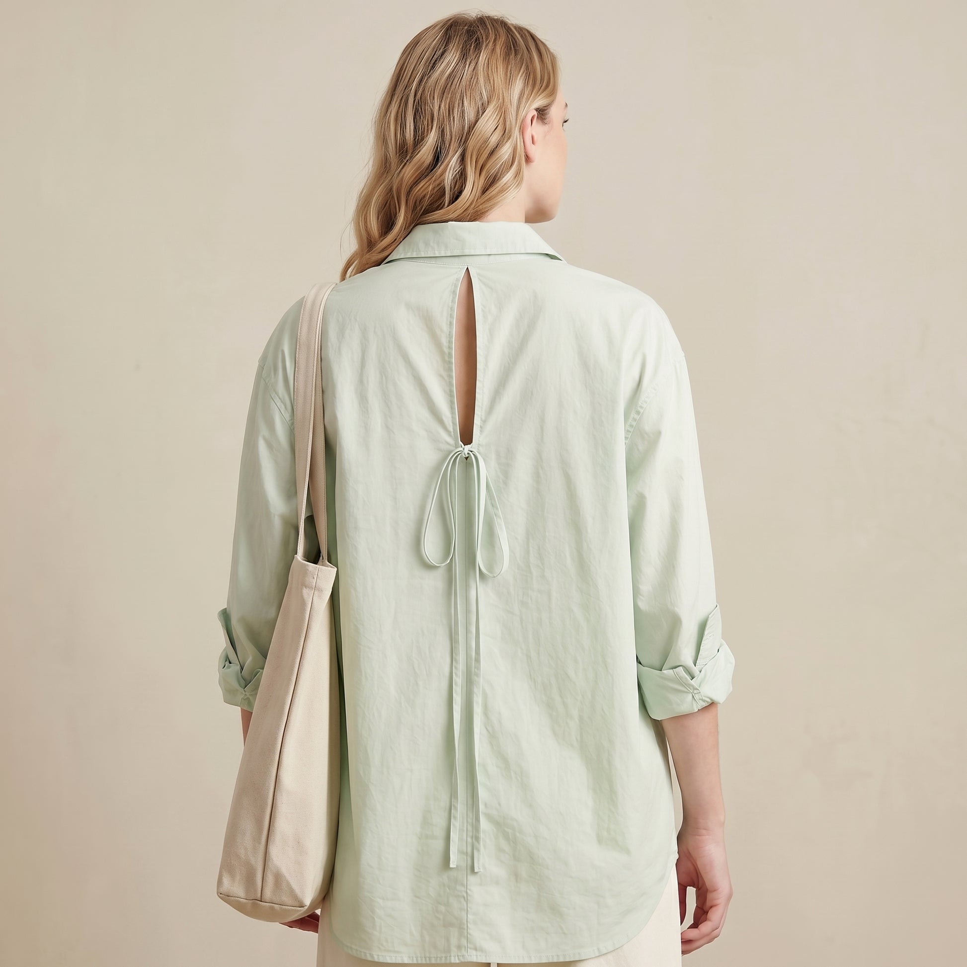 Oversized Woven Button-Down Shirt with Dramatic Lantern Sleeves