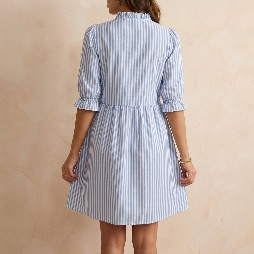 Retro-Inspired Puff Sleeve Mini Dress with Ruffled Stand Collar and Flared Skirt