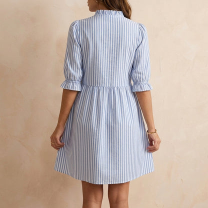 Retro-Inspired Puff Sleeve Mini Dress with Ruffled Stand Collar and Flared Skirt