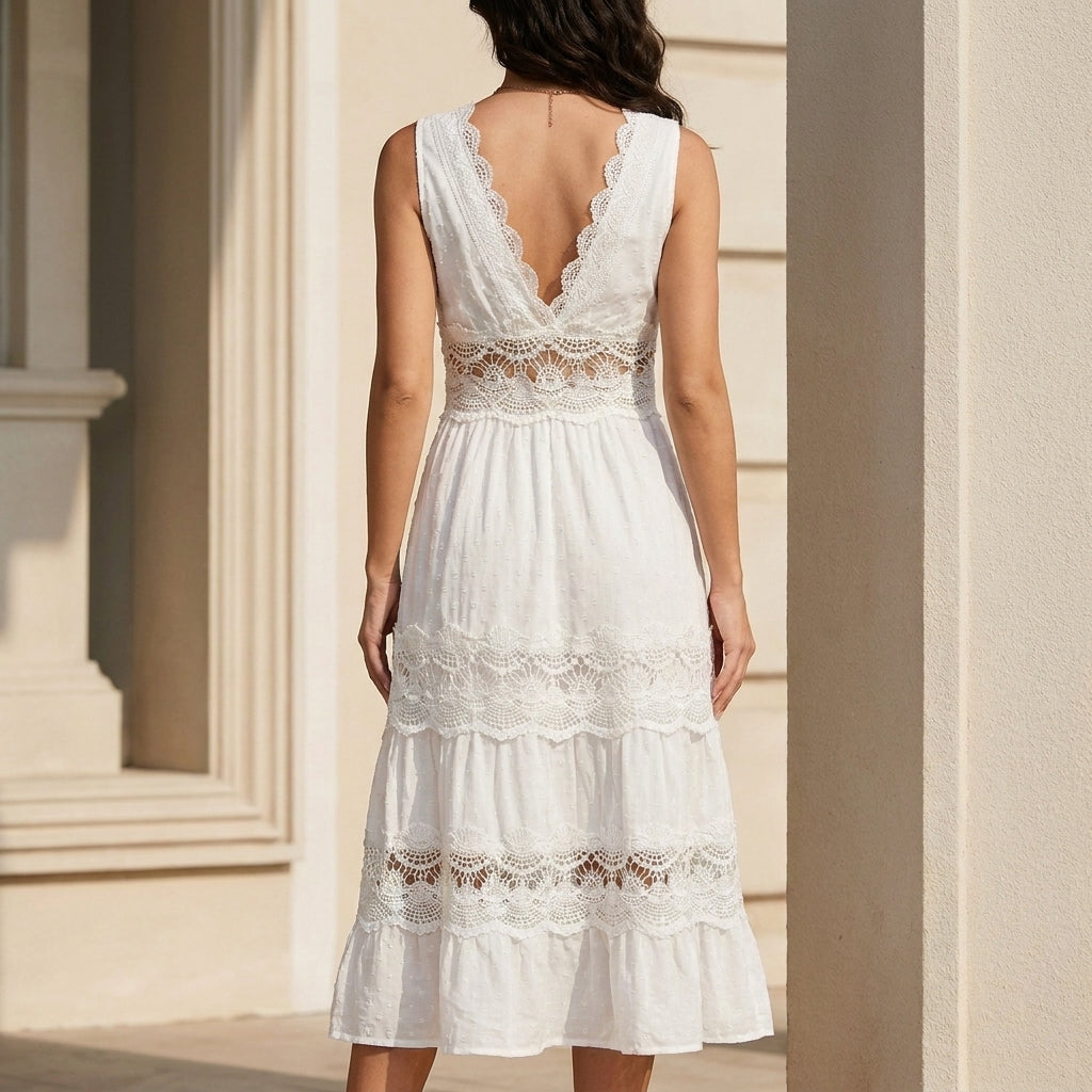 Sleeveless Lace Panel Tiered Maxi Dress