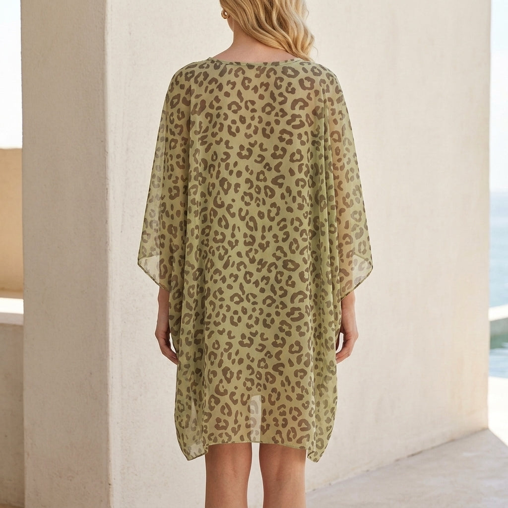 Leopard Print Oversized Kaftan Dress with Embellished V-Neck