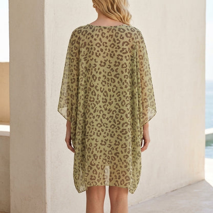 Leopard Print Oversized Kaftan Dress with Embellished V-Neck
