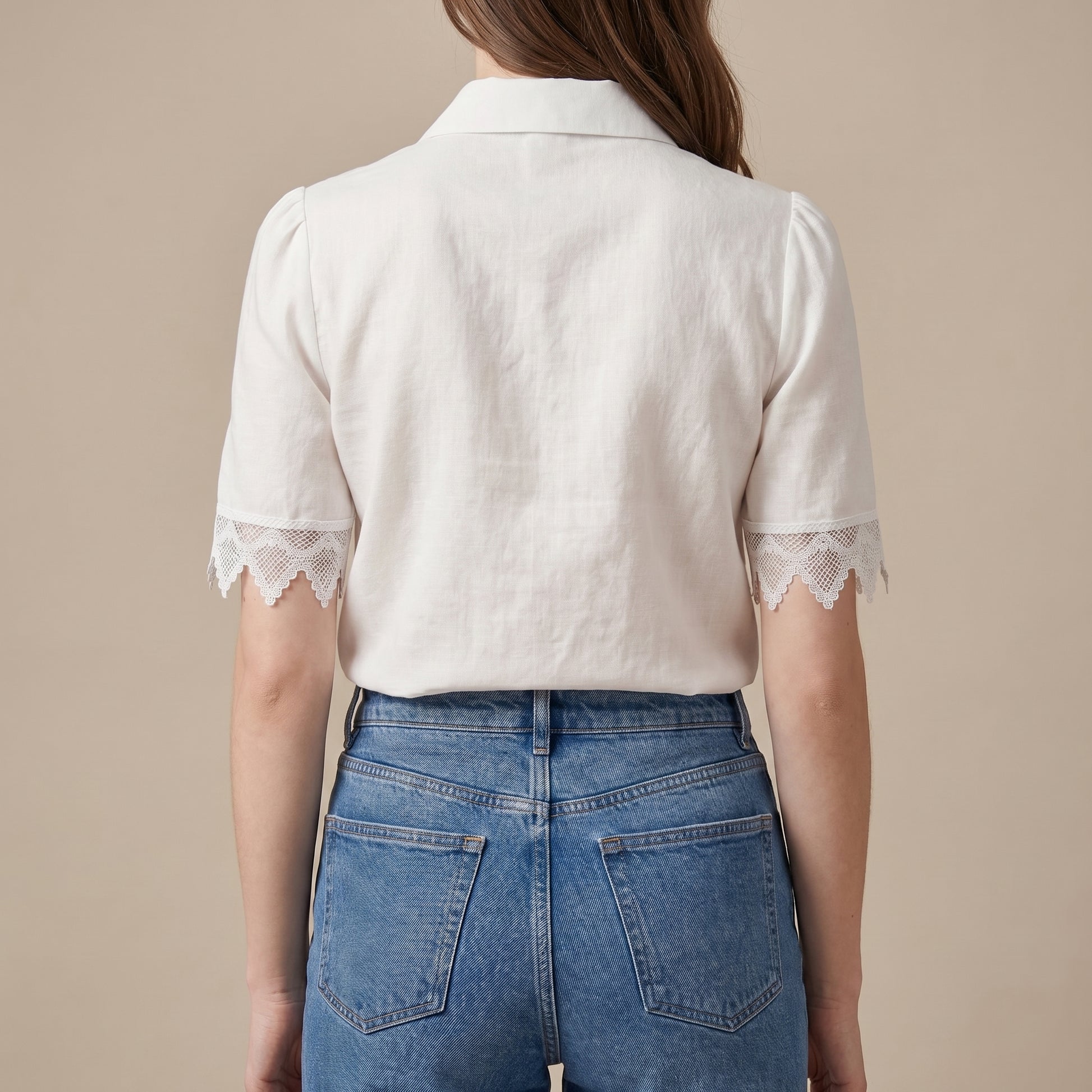 Tailored Short-Sleeve Lace-Trimmed Blouse with Scalloped Details