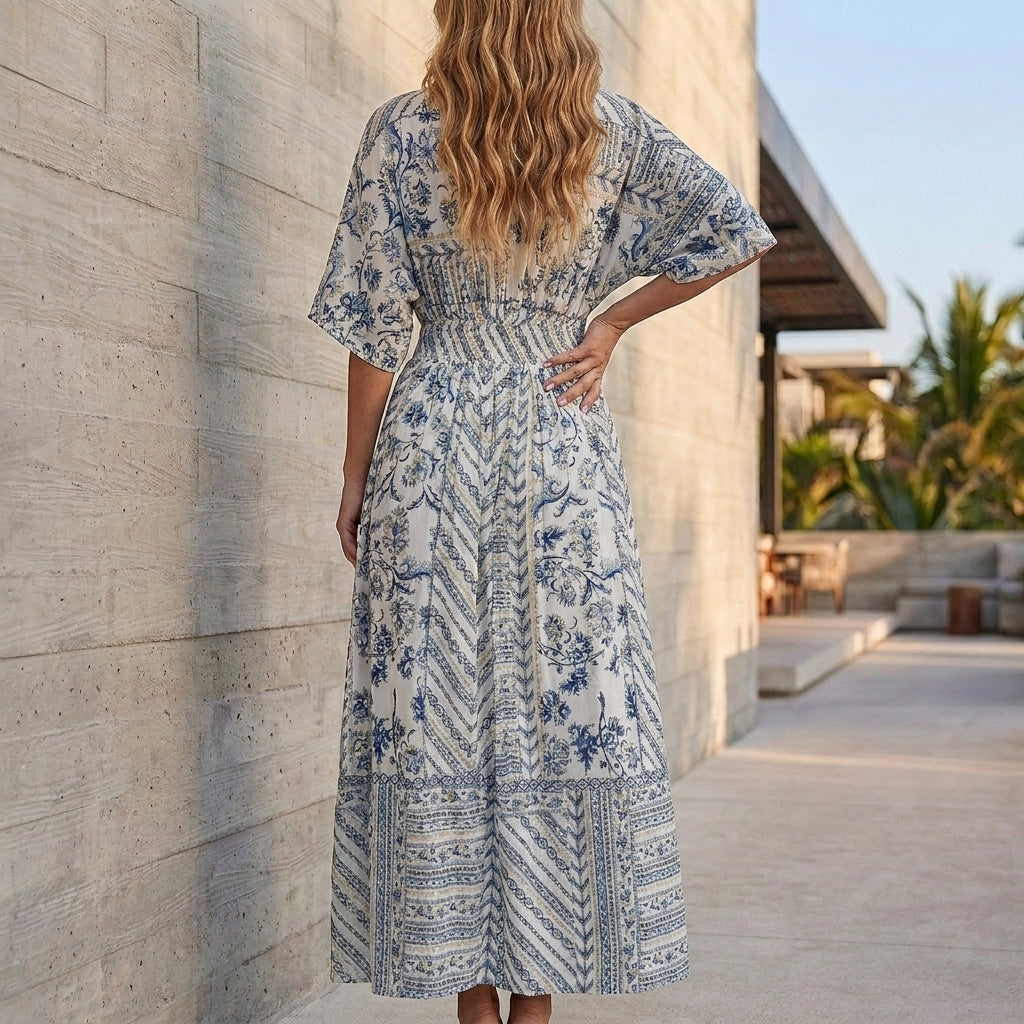 Flowing Printed V-Neck Maxi Dress with Flutter Sleeves and Slit