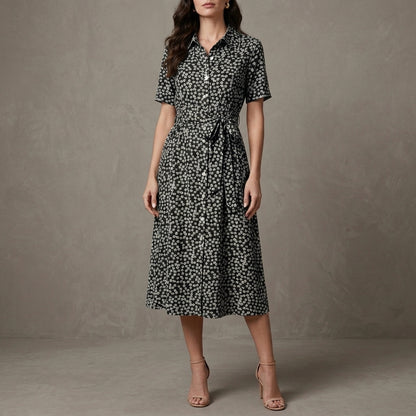 Graceful Floral Midi Dress with Adjustable Waist Tie