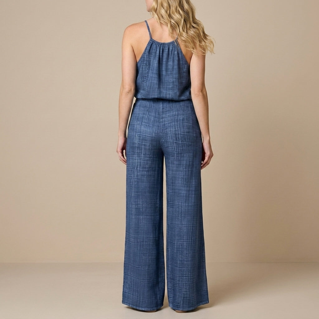 Gathered Neck Wide-Leg Jumpsuit with Adjustable Waist Tie
