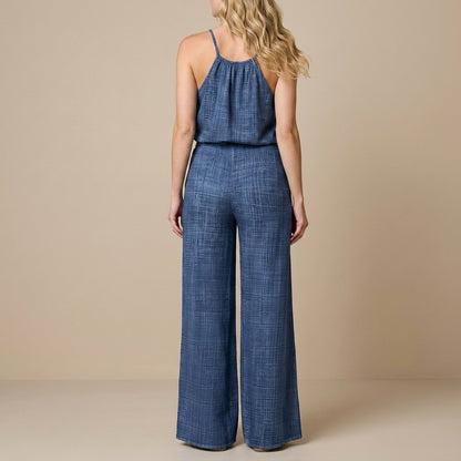 Gathered Neck Wide-Leg Jumpsuit with Adjustable Waist Tie
