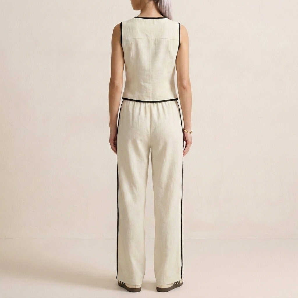 Contrast Trim Two-Piece Set with Relaxed Wide-Leg Pants and Top