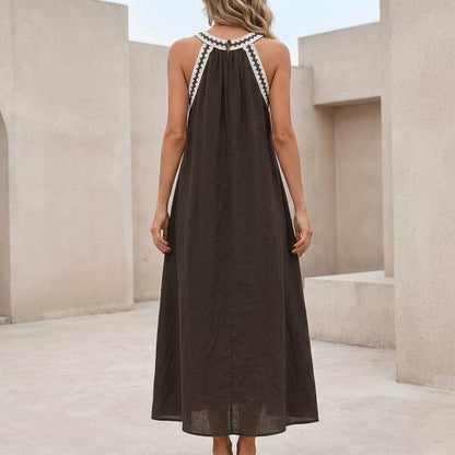 Halter Neck Maxi Dress with Lace Trim and Fluid Full Swing Silhouette