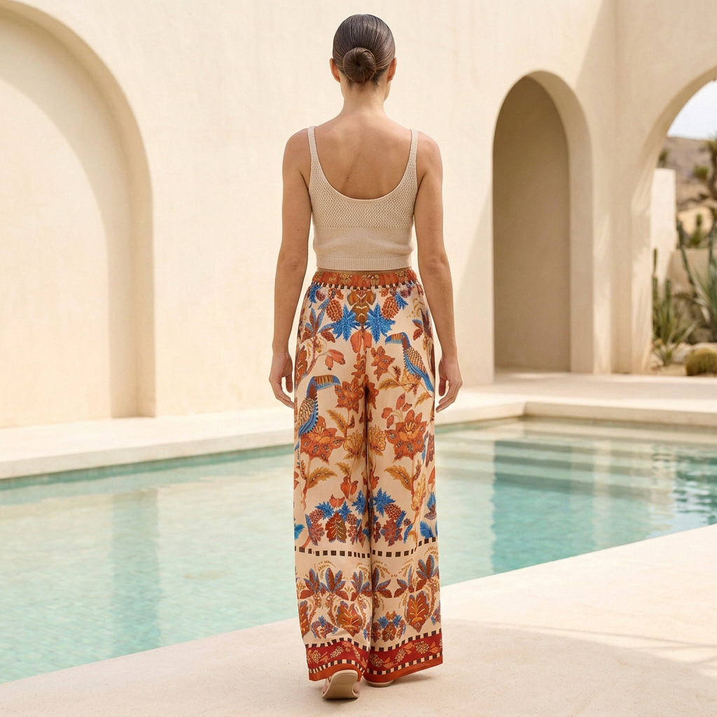 Bohemian-Inspired Flowing Wide-Leg Pants with High Waist and Border Detail