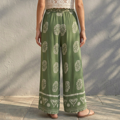 Flowing Wide-Leg Floral & Geometric Patterned Ankle-Length Pants