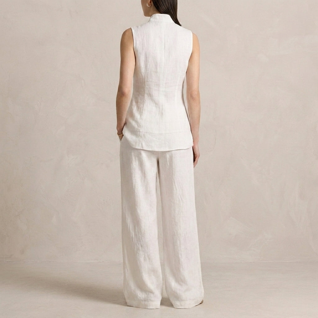 Sophisticated Sleeveless High-Neck Two-Piece Set with Flowing Wide-Leg Trousers