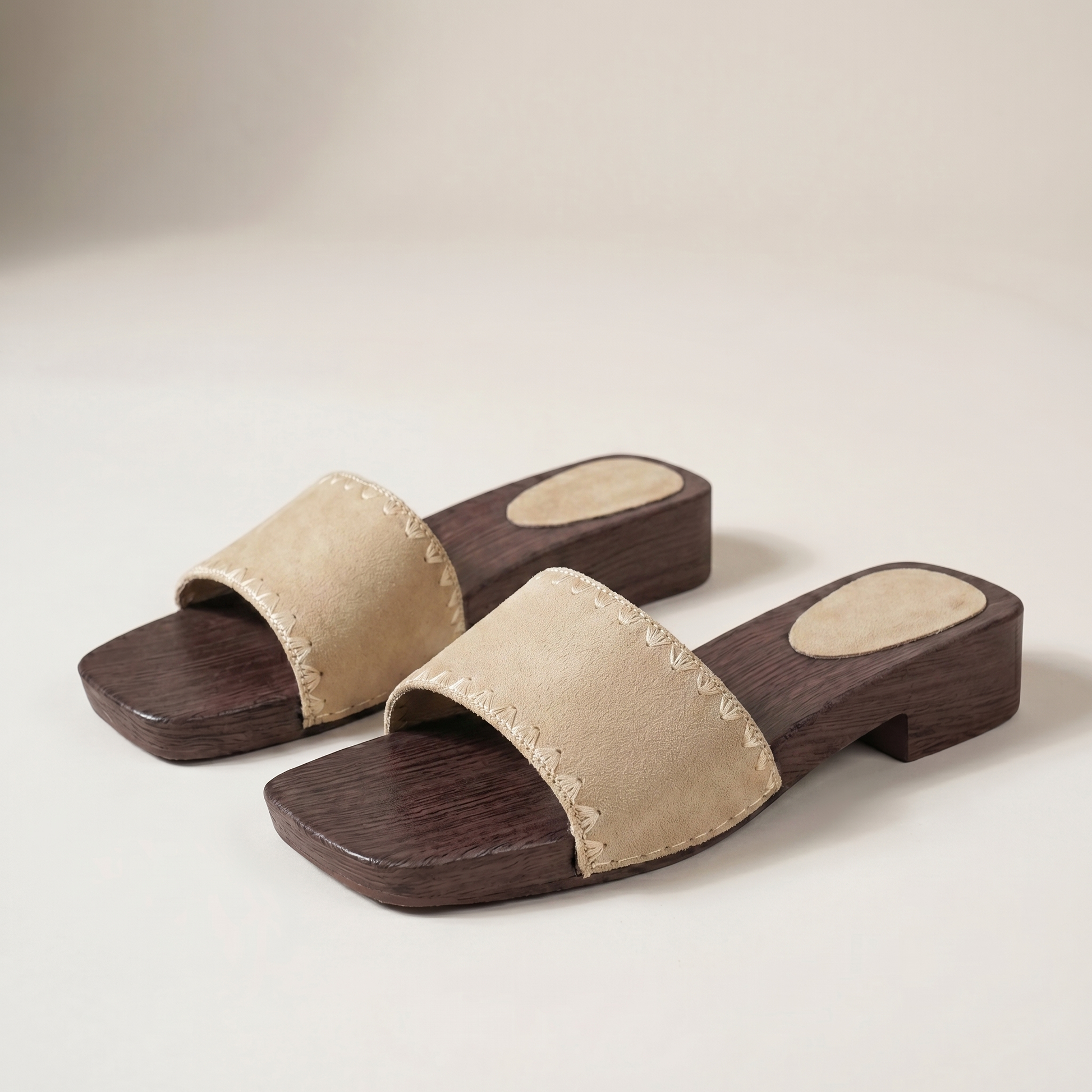 Wide-Strap Embroidered Slide Sandals with Sculpted Wood-Grain Sole