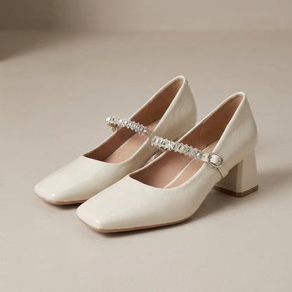 Square Toe Mary Jane Heels with Crystal Strap Detail