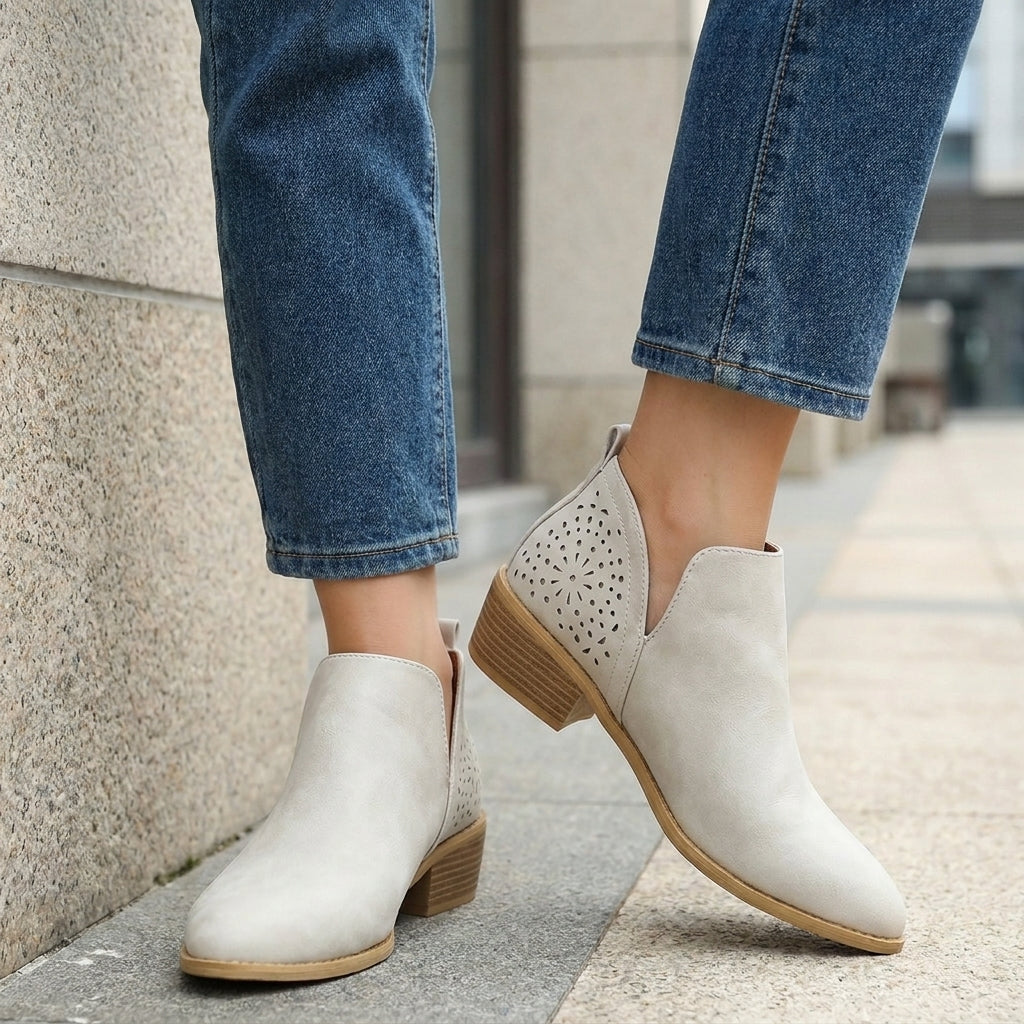 Perforated Side Panel Ankle Boots with Stacked Heel
