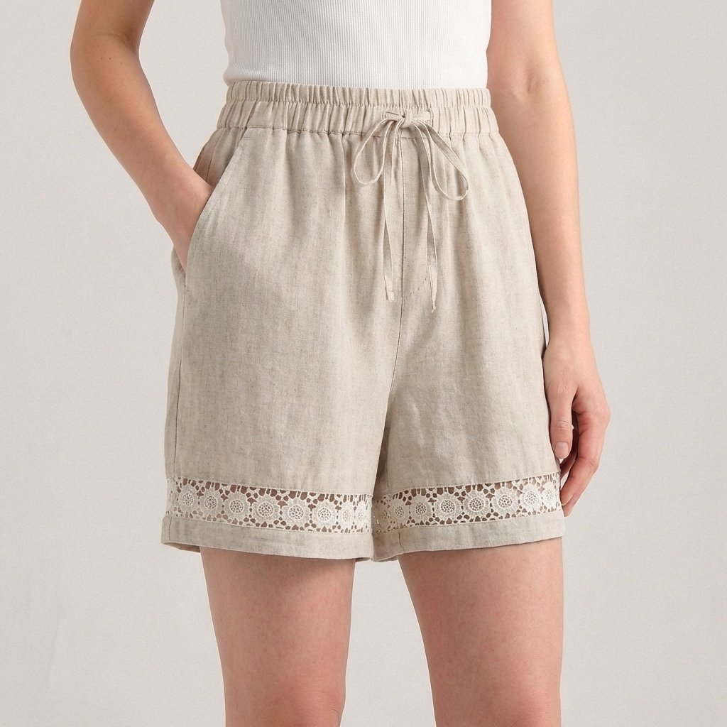 Wide-Leg Mini Shorts with Delicate Lace Hem and Drawstring Waist