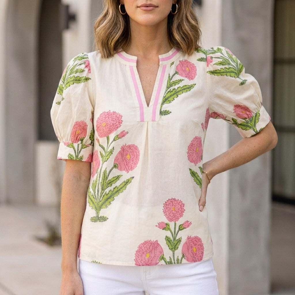Structured Woven V-Neck Blouse with Botanical Print and Puff Sleeves