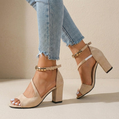 Suede Block Heel Sandals with Embellished Straps and Crossed Silhouette