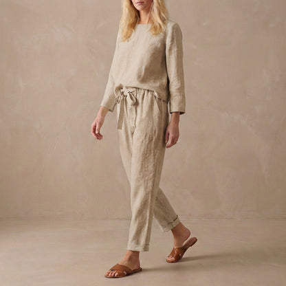 Relaxed Linen Two-Piece Set with Boat Neck Blouse and Drawstring Pants