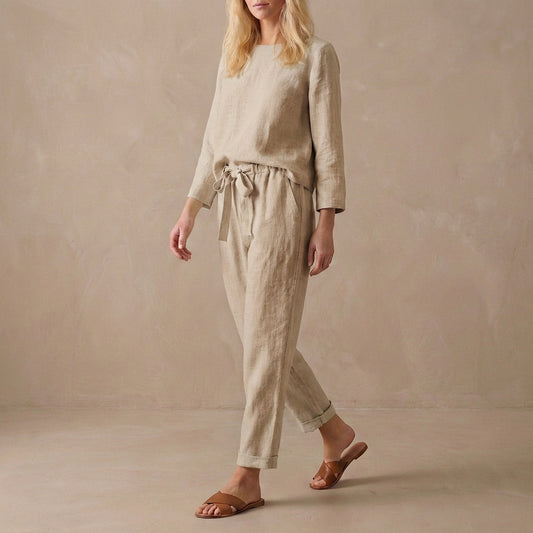 Relaxed Linen Two-Piece Set with Boat Neck Blouse and Drawstring Pants