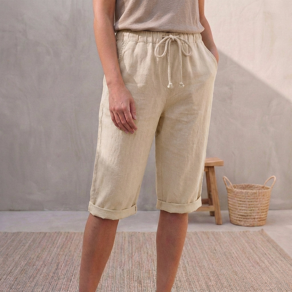 Linen Relaxed-Fit Capri Pants with Drawstring Waist and Cuffed Hem