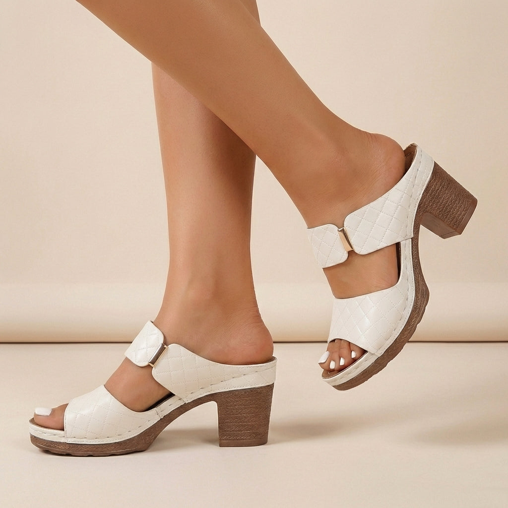 Quilted Two-Strap Block Heel Slide Sandals with Metallic Accent