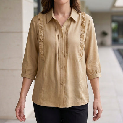 Ruffle Detail Button-Up Blouse with Relaxed Elegant Fit