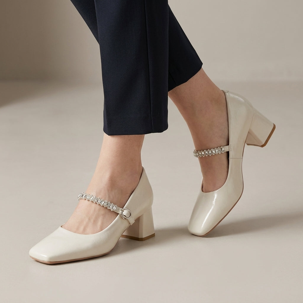 Square Toe Mary Jane Heels with Crystal Strap Detail
