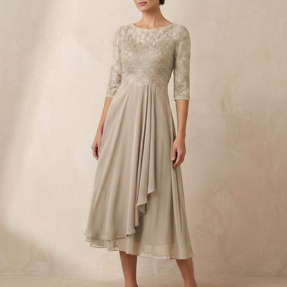 Embroidered A-Line Midi Dress with Sheer Sleeves and Pockets