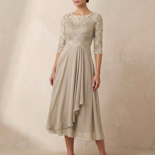 Embroidered A-Line Midi Dress with Sheer Sleeves and Pockets