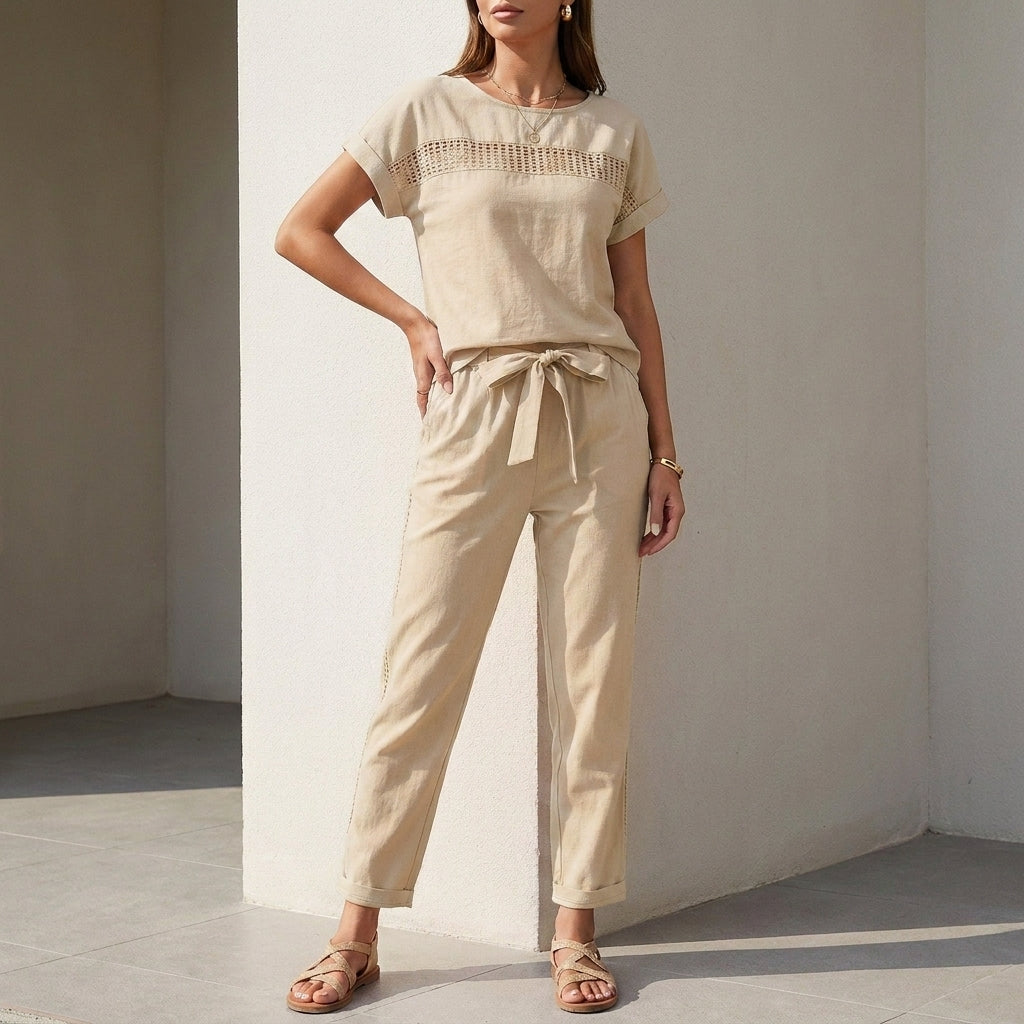 Lightweight Woven Two-Piece Set with Mesh Accents and Self-Tie Waist