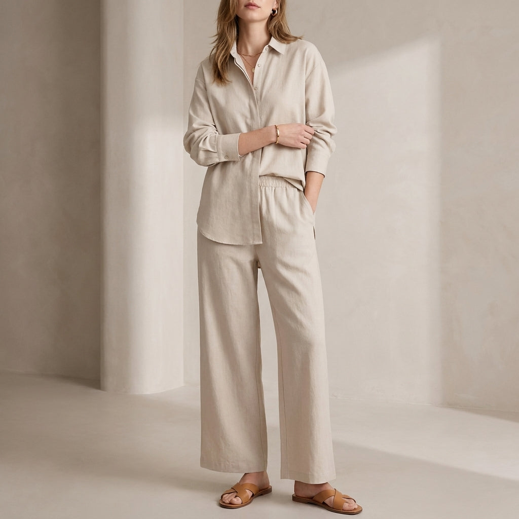 Relaxed Two-Piece Woven Shirt and Wide-Leg Trousers Set