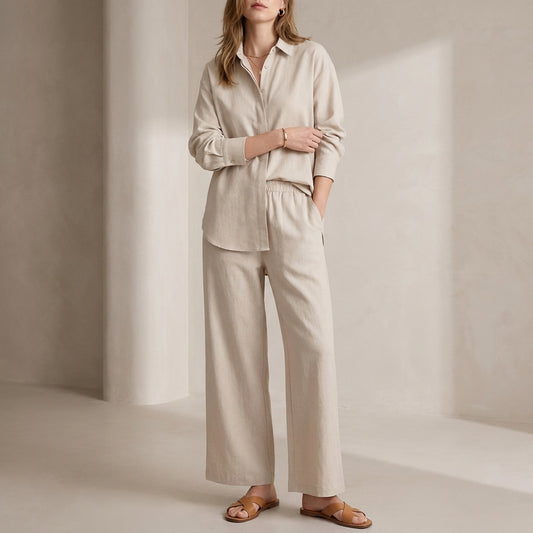 Relaxed Two-Piece Woven Shirt and Wide-Leg Trousers Set