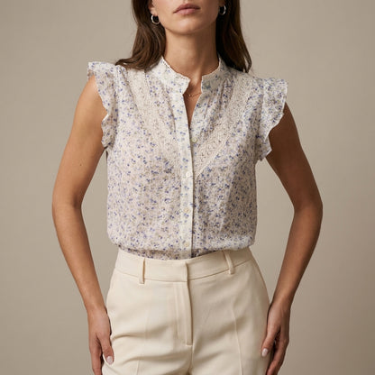 Romantic Sleeveless Blouse with Lace Trim and Ruffles