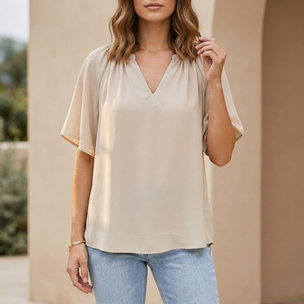 Relaxed V-Neck Blouse with Gathered Neckline and Flutter Sleeves