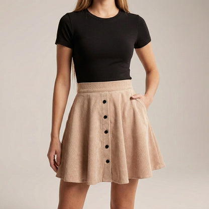 Structured High-Waisted A-Line Mini Skirt with Button Front Detail