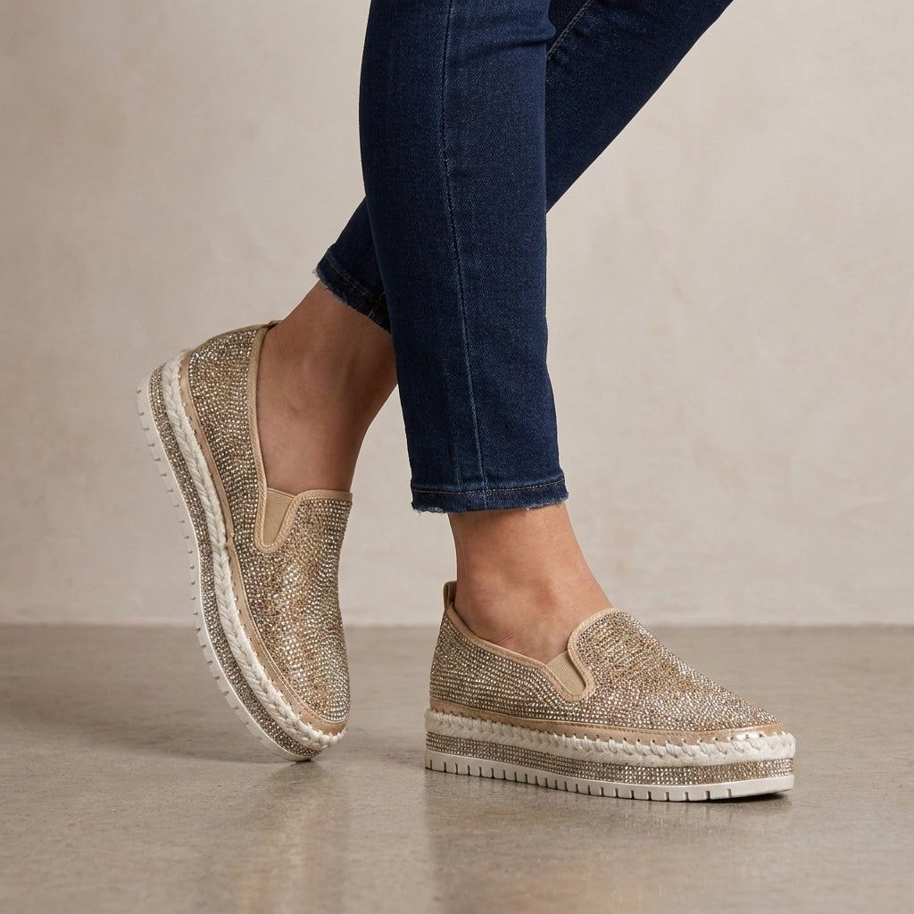 Slip-On Loafers with Rhinestone Embellishment and Platform Sole