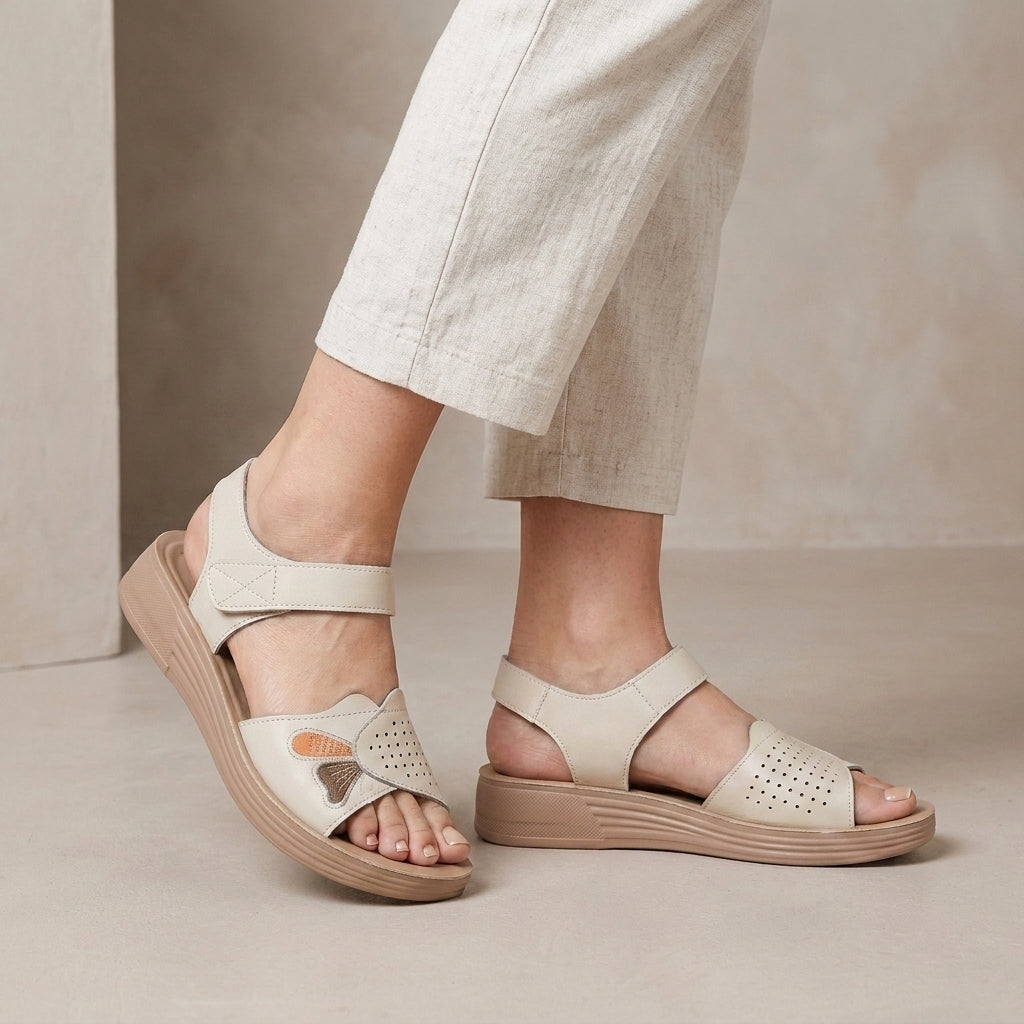 Elegant Wedge Sandal with Embroidered Butterfly and Cushioned Sole
